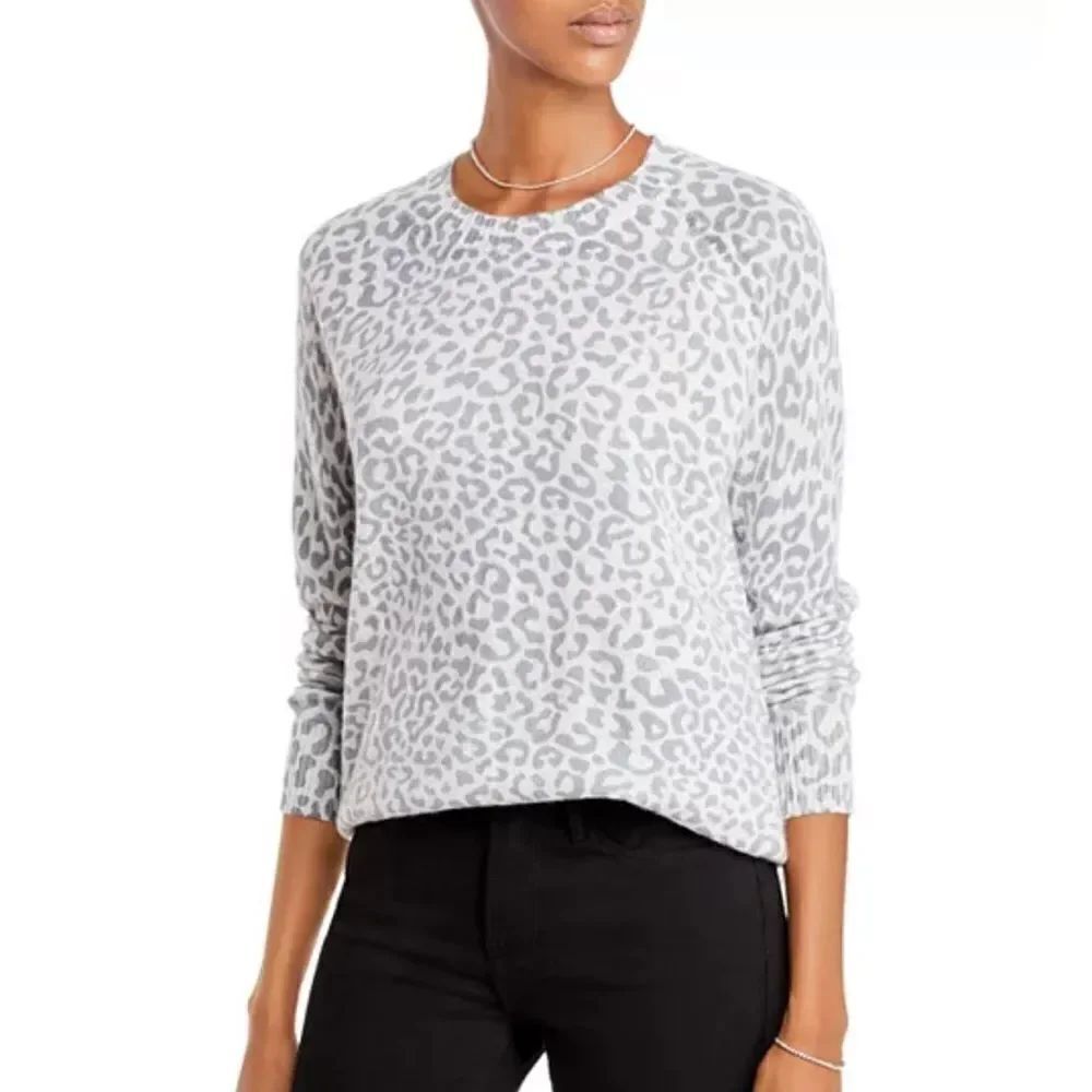 AQUA Leopard Print Cashmere Crew Neck Pullover Sweater Size M